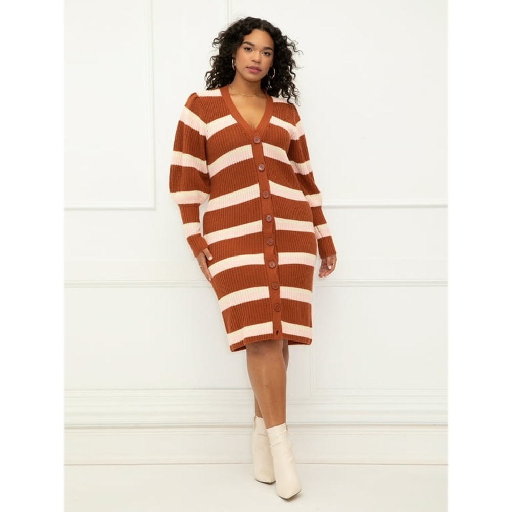 ELOQUII Elements Women's Plus Size Puff Sleeve Cardigan Sweater Dress